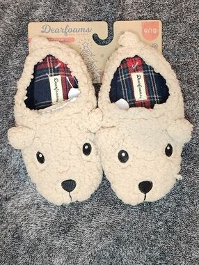 dearfoams Cream Sherpa Bear Kids Slippers with Plaid Lining